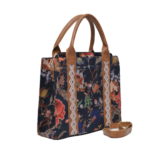 Flower Corduroy Tote Bag for Women Skin Balck