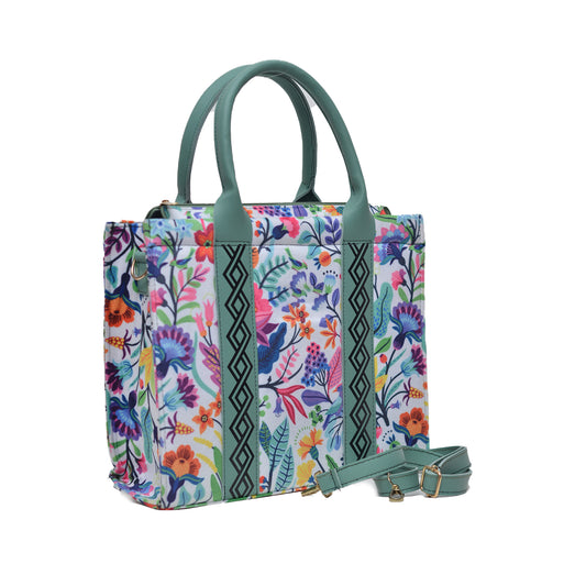 Flower Corduroy Tote Bag for Women light Green white